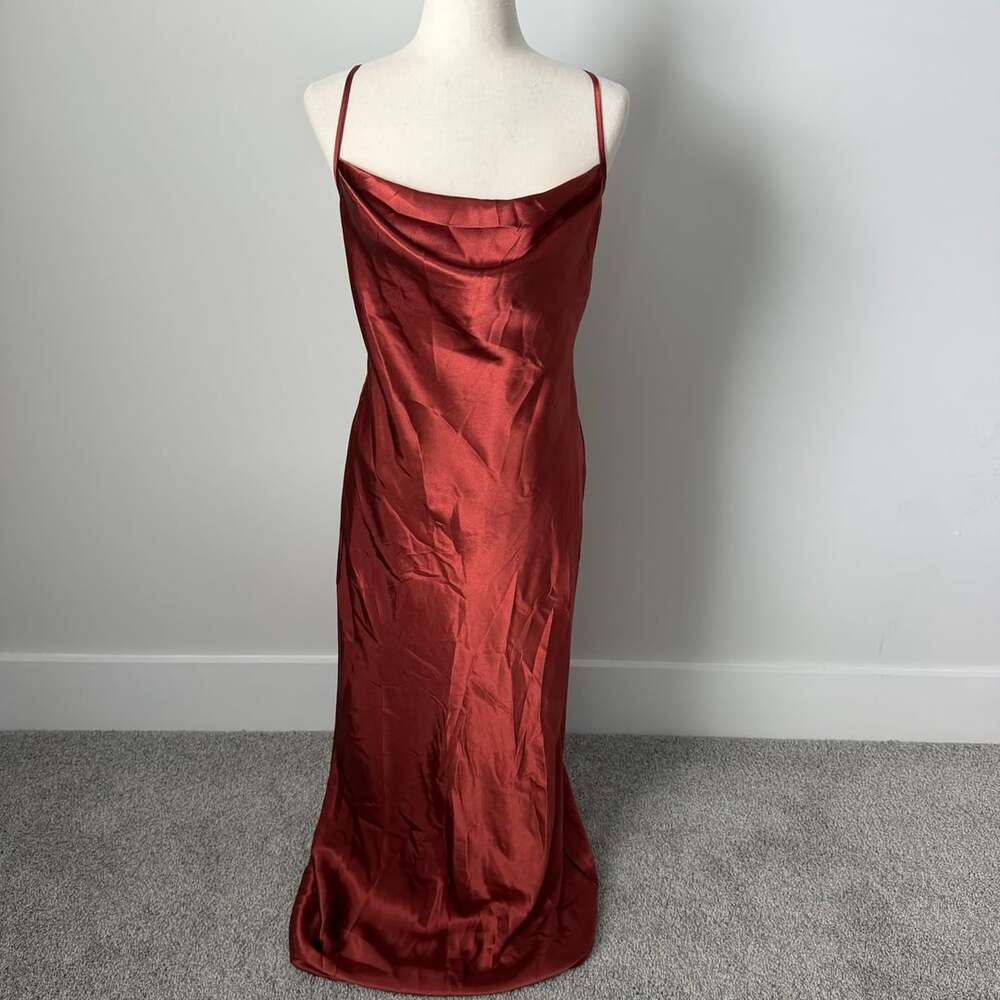 Galina Signature Cinnamon Satin Long Dress with Spaghetti Straps and Crossed Bac